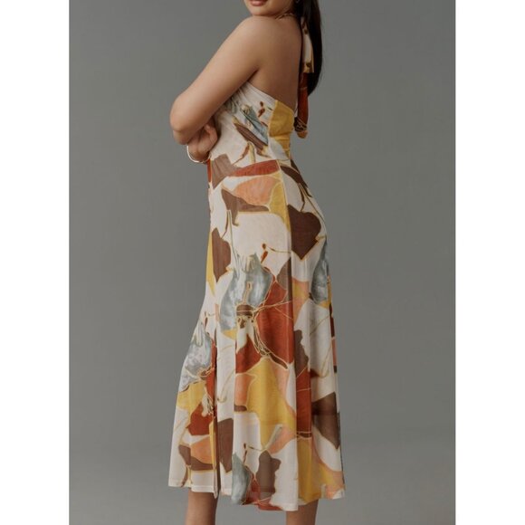 Anthropologie Sarah Hann Blythe Halter Mesh Midi Dress Size M Yellow Pattern - Picture 5 of 10